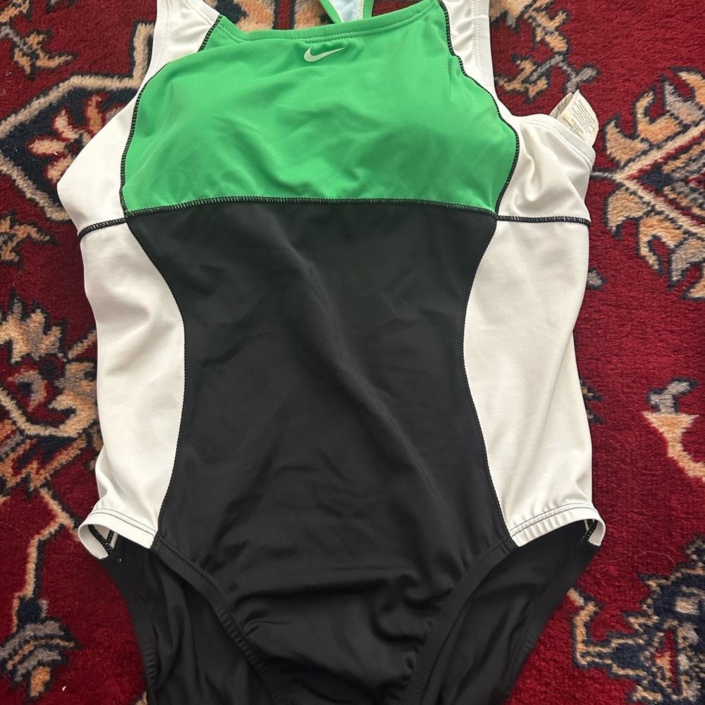 Nike Women's Green, Black, and White One-Piece Swimsuit size 12-14